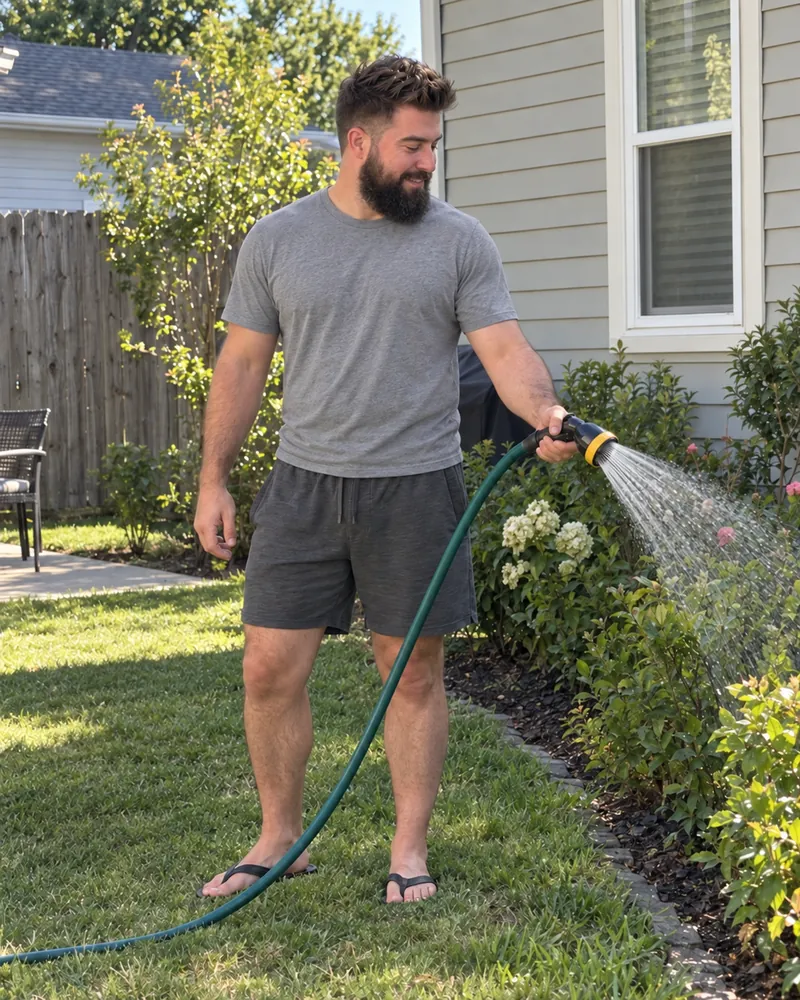 Frank Volkmar watering the garden at home