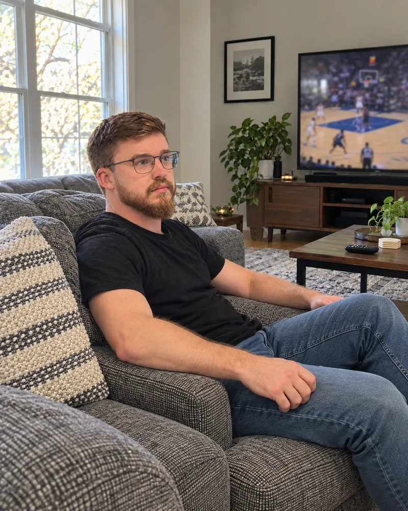 Robert Kayao relaxing on the couch with a basketball game on TV