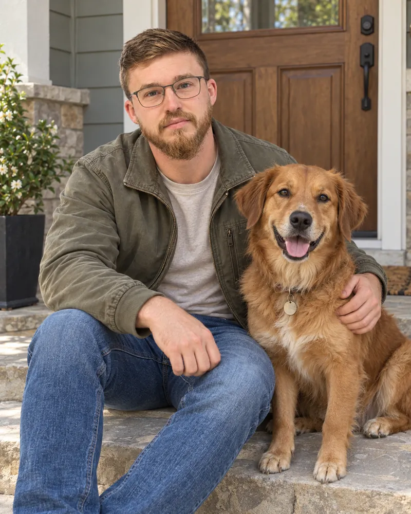 Robert Kayao with his dog on the front steps