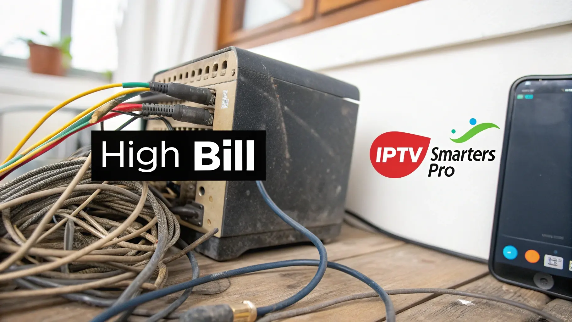 Tangled cable box with a high bill next to the IPTV Smarters Pro app on a phone