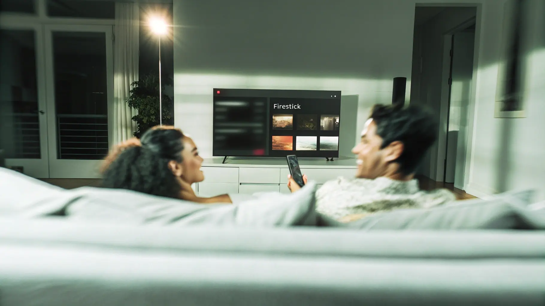 Couple watching IPTV on a Firestick in a modern living room