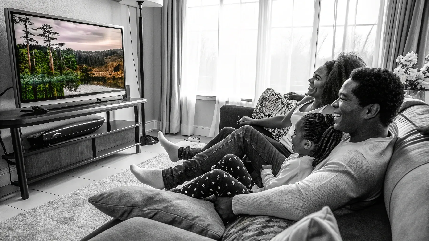 Family relaxing on the couch watching IPTV on a living-room TV