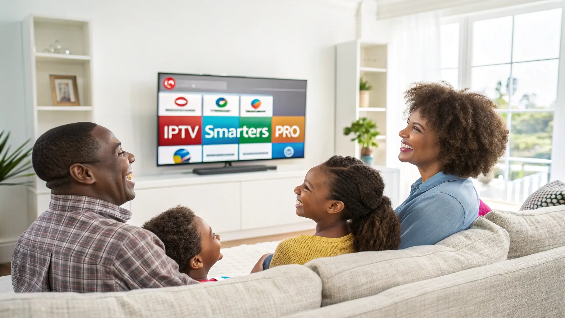 Family watching TV with the IPTV Smarters Pro app on screen