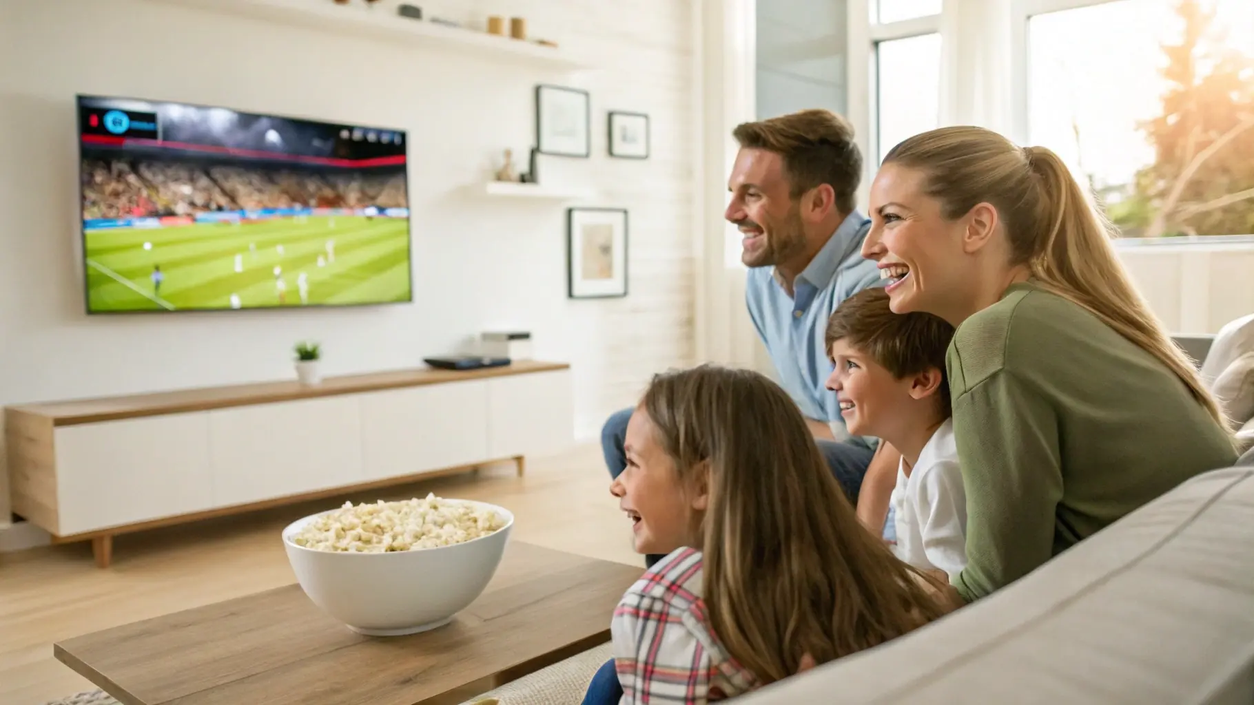 Family cheering while watching live soccer on IPTV in their living room
