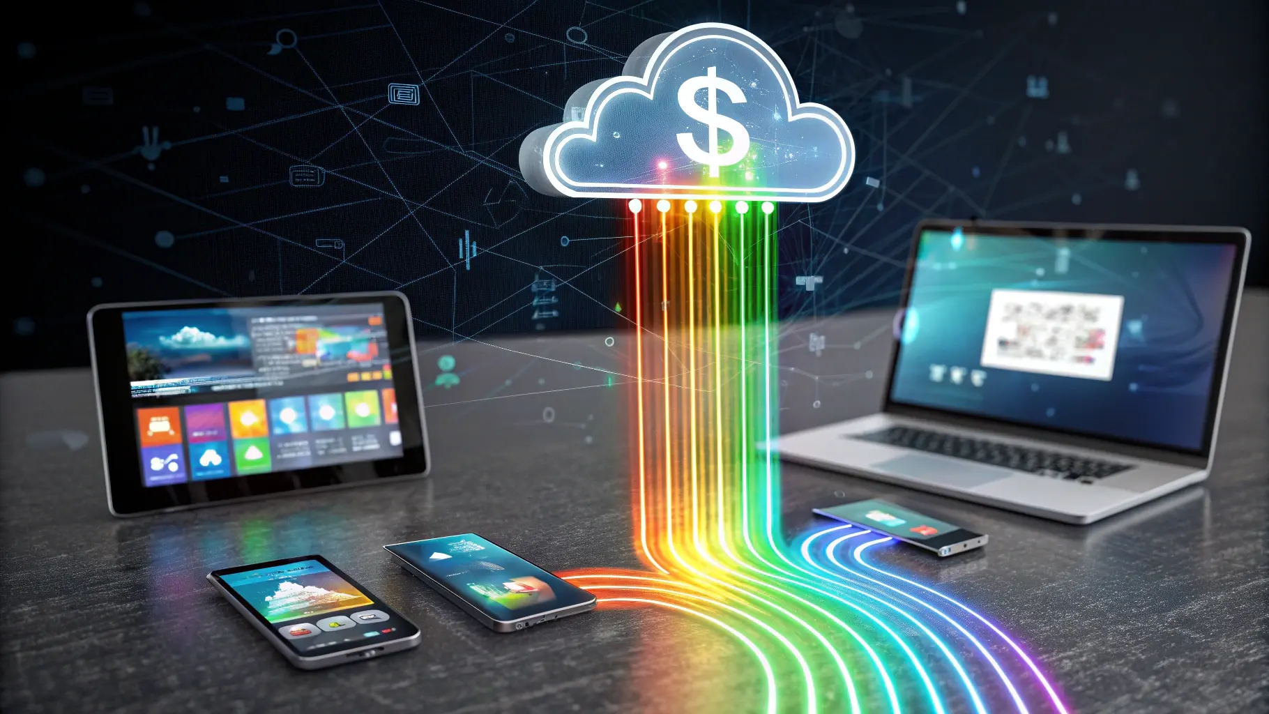 Illustration of IPTV streaming from the cloud to a laptop, tablet and phones