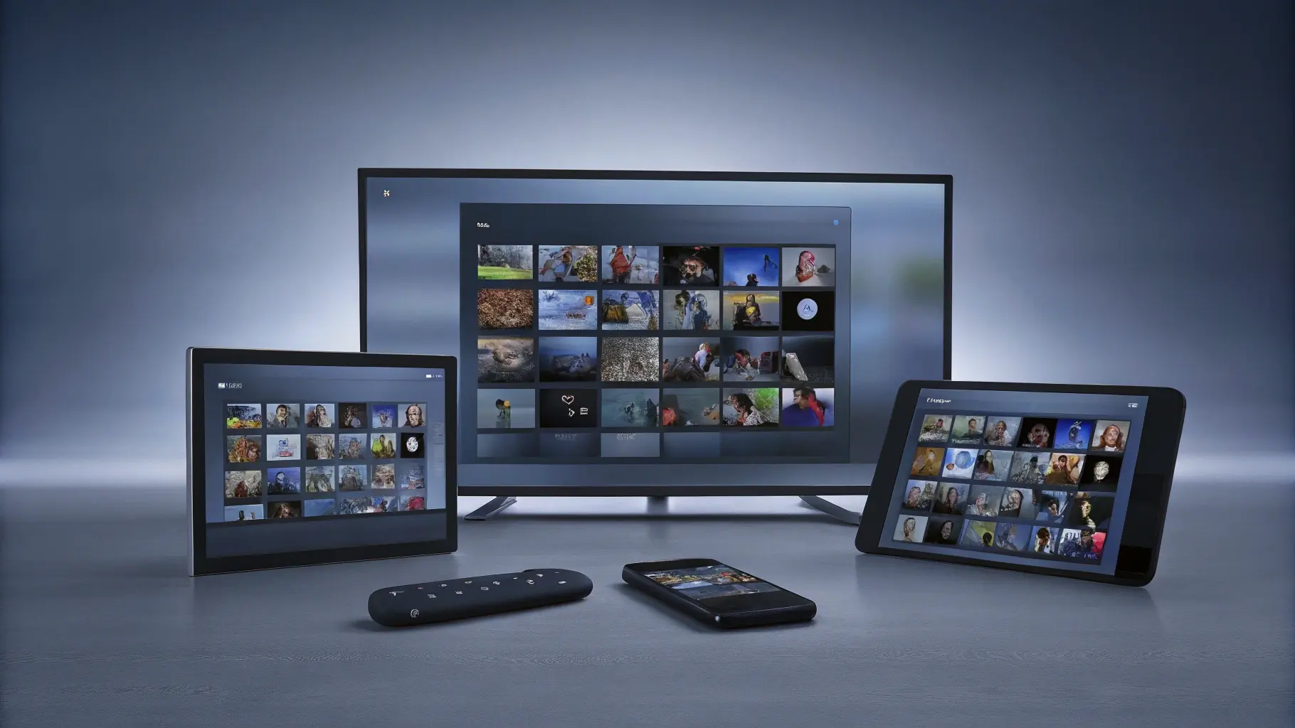 IPTV streaming on a TV, tablet and smartphones side by side