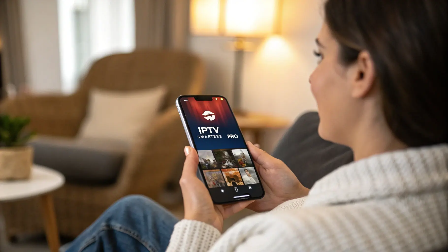 Woman using IPTV Smarters Pro on her smartphone at home