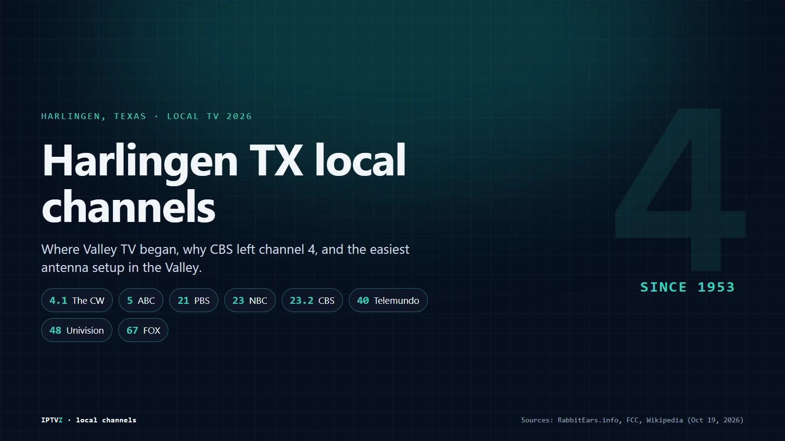 Harlingen TX local channels: KGBT channel 4 history from 1953 to 2026, with ABC 5, NBC 23, CBS 23.2, FOX 67, The CW 4.1, PBS 21, Telemundo 40 and Univision 48