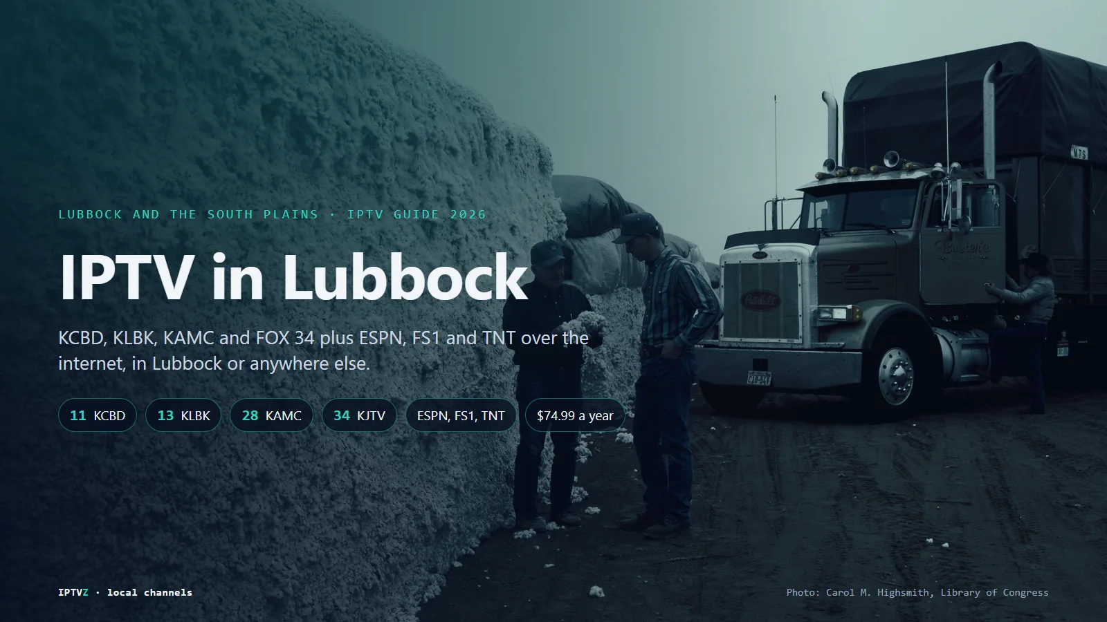 IPTV in Lubbock: a cotton gin near Lubbock on the Texas South Plains, with KCBD 11, KLBK 13, KAMC 28, FOX 34 KJTV, ESPN, FS1 and TNT in one IPTV app for $74.99 a year