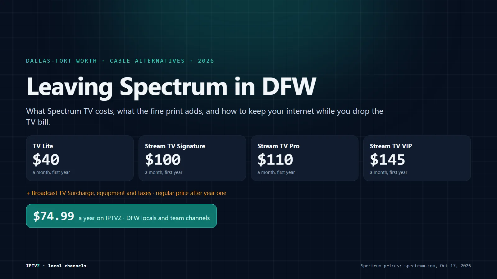 Leaving Spectrum in Dallas-Fort Worth: Spectrum TV plans from $40 to $145 a month for the first year compared with IPTVZ at $74.99 a year