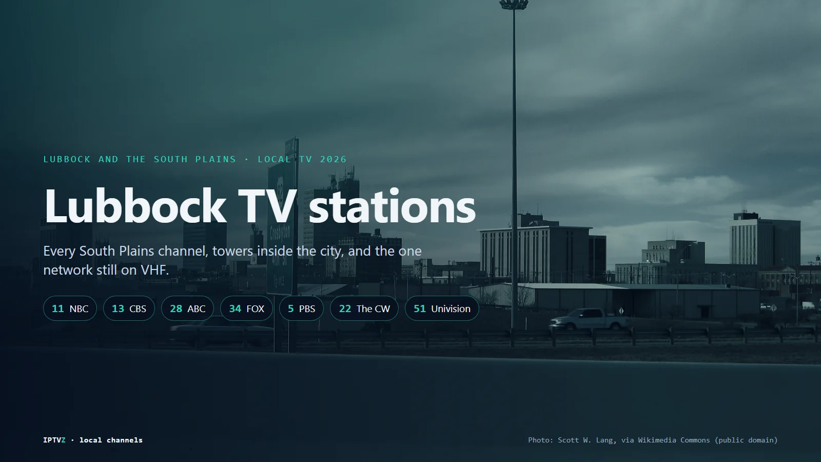 Lubbock TV stations: the downtown Lubbock skyline from Interstate 27, with NBC 11 KCBD, CBS 13 KLBK, ABC 28 KAMC, FOX 34 KJTV, PBS 5 KTTZ, CW 22 and Univision 51